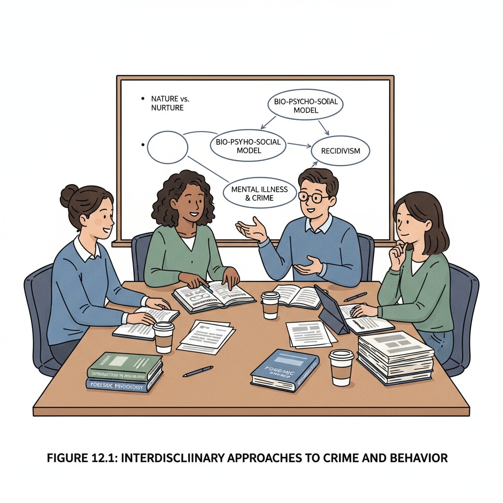 A group of students engaged in a discussion about psychological and criminological concepts in a classroom setting, with books and notes scattered on the table. Students discussing psychology and criminology in a classroom, representing the study of double degrees in these fields.