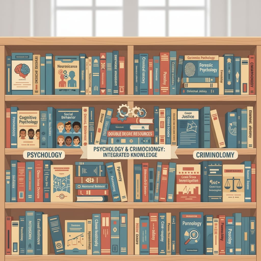 A library shelf filled with various books on psychology and criminology, indicating the vast knowledge resources in these two disciplines for double degree students. Library shelf with psychology and criminology books, relevant to the academic pursuit of double degrees.