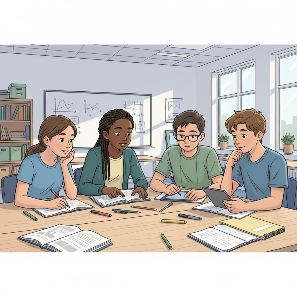 A group of adolescents are sitting around a table, studying together. They have books and notebooks in front of them, and their expressions are positive and engaged. Adolescents with educational backwardness, ADHD in self-study showing positive attitude towards learning
