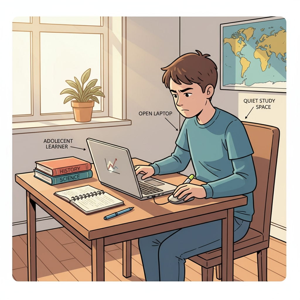 An adolescent is sitting at a desk, with a laptop open and several books beside it. The room is quiet and well-lit, and the adolescent is focused on studying. An adolescent with educational backwardness, ADHD engaging in self-study education