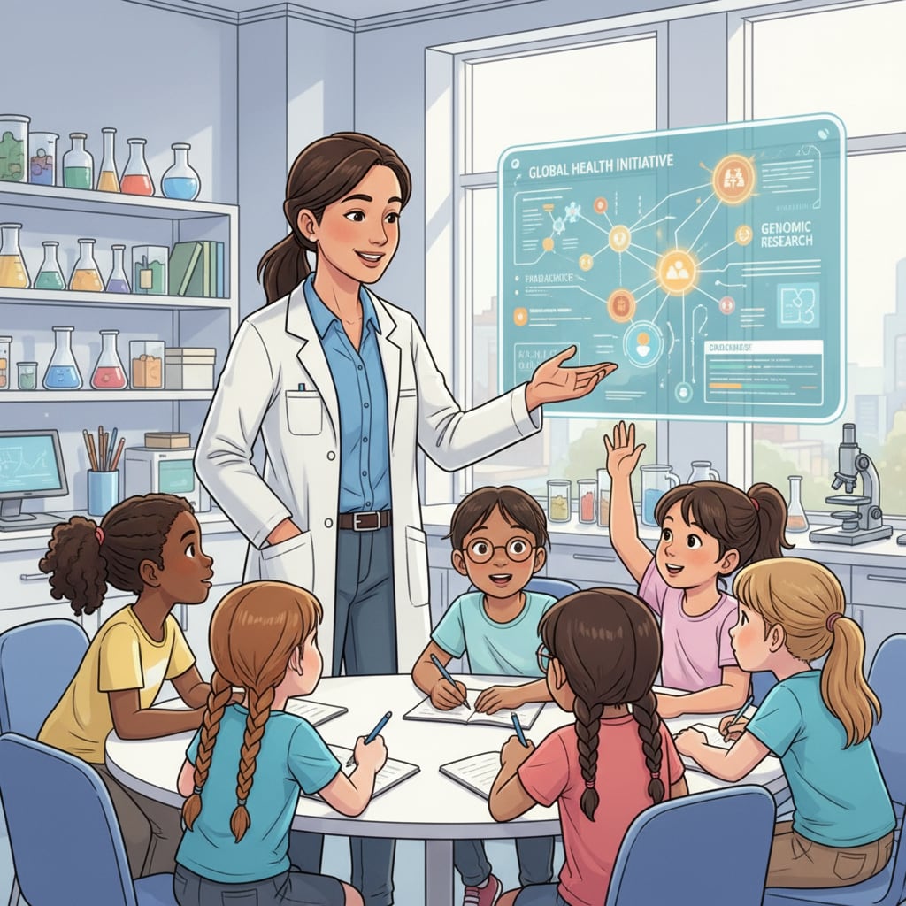 A female scientist is passionately explaining a research project to a group of young girls. The girls are listening intently, showing curiosity and inspiration. Female scientist inspiring young girls in STEM, promoting gender equality in STEM education
