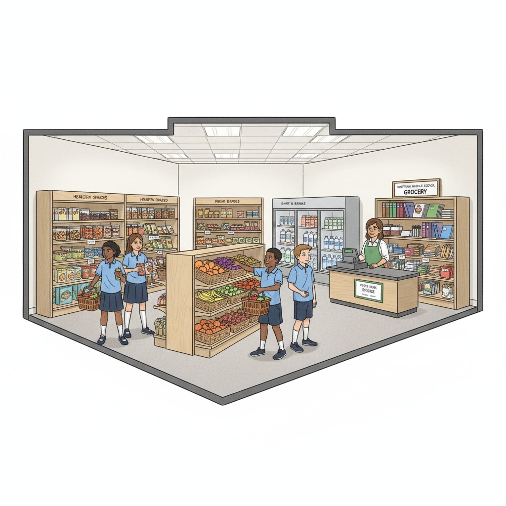 A view of the on-campus grocery store at Huffman Middle School with students looking at various items on the shelves. On-campus grocery store at Huffman Middle School in Alabama