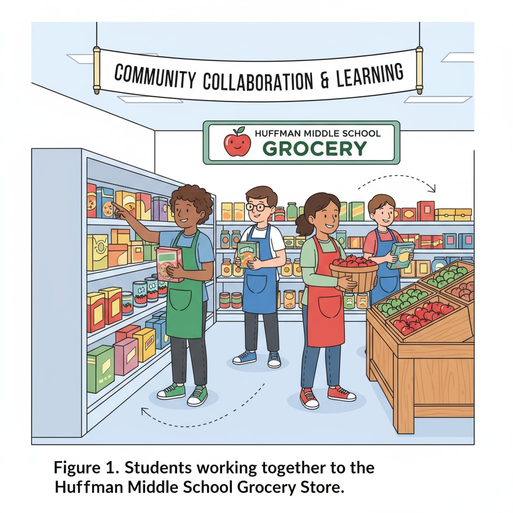 Students collaborating to place items on the shelves of the on-campus grocery store at Huffman Middle School. Students working at the on-campus grocery store of Huffman Middle School in Alabama