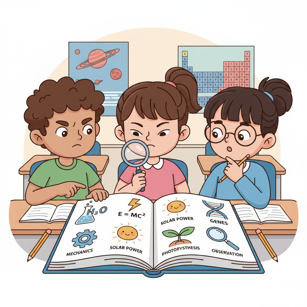 Classroom scene with students facing English - based science symbols, highlighting language barriers and Anglocentrism in science education.