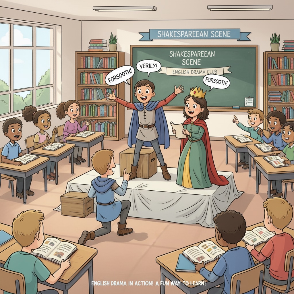 Students are performing a scene from an English play in the classroom, showing their enthusiasm and dedication to English learning through drama. High school students performing an English play in class, an unforgettable creative activity in English class