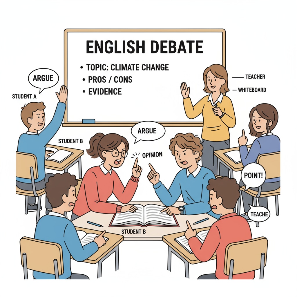Students are engaged in a heated English debate in the classroom, expressing their opinions and arguing with each other passionately. High school students having an English debate in class, a memorable creative activity in English class