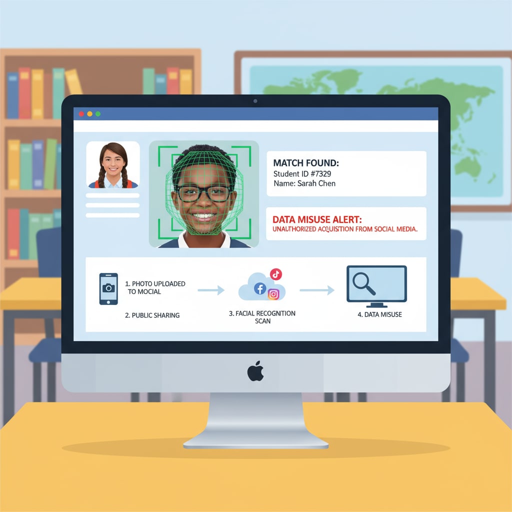 Facial recognition software analyzing student photo in relation to student privacy, facial recognition, and digital footprint