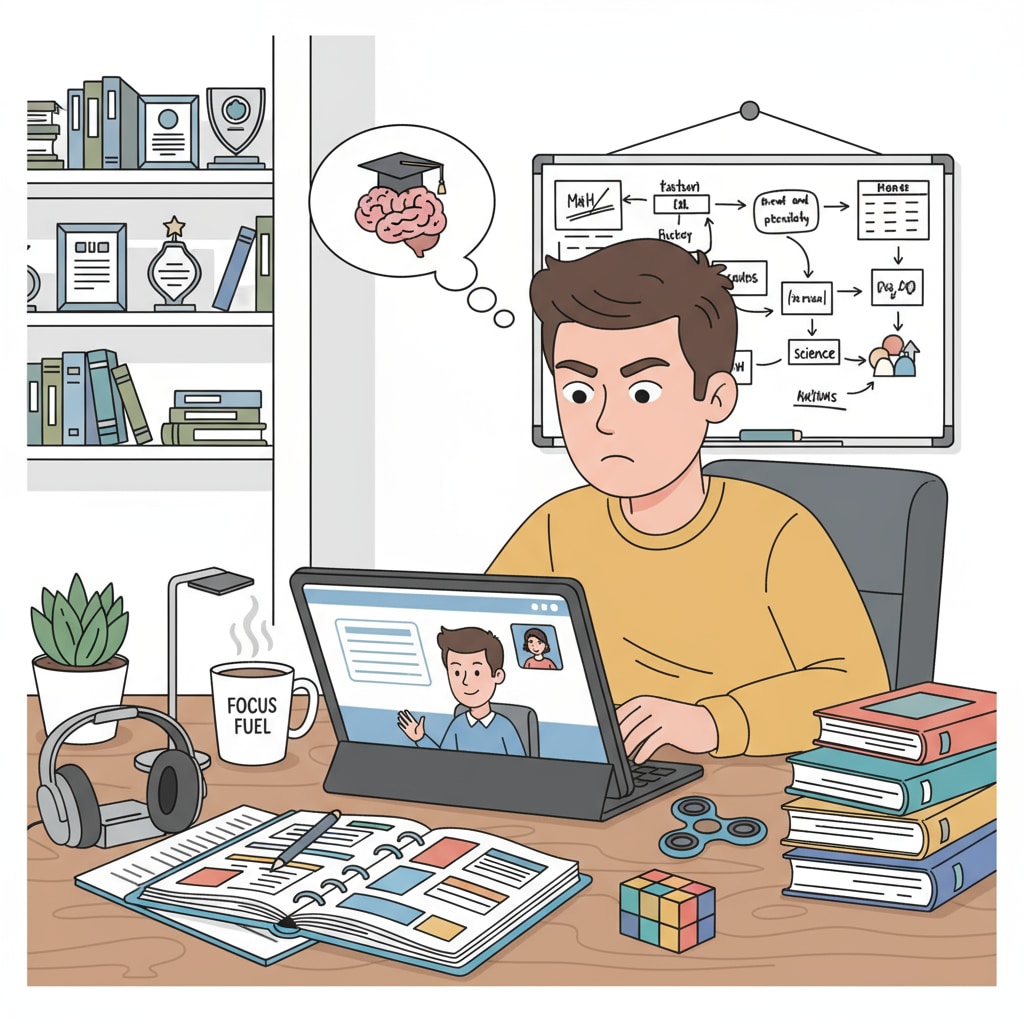 An ADHD adult is engaged in online learning, with various educational materials around, showing a focused and determined learning state. ADHD adult engaged in online learning for basic education