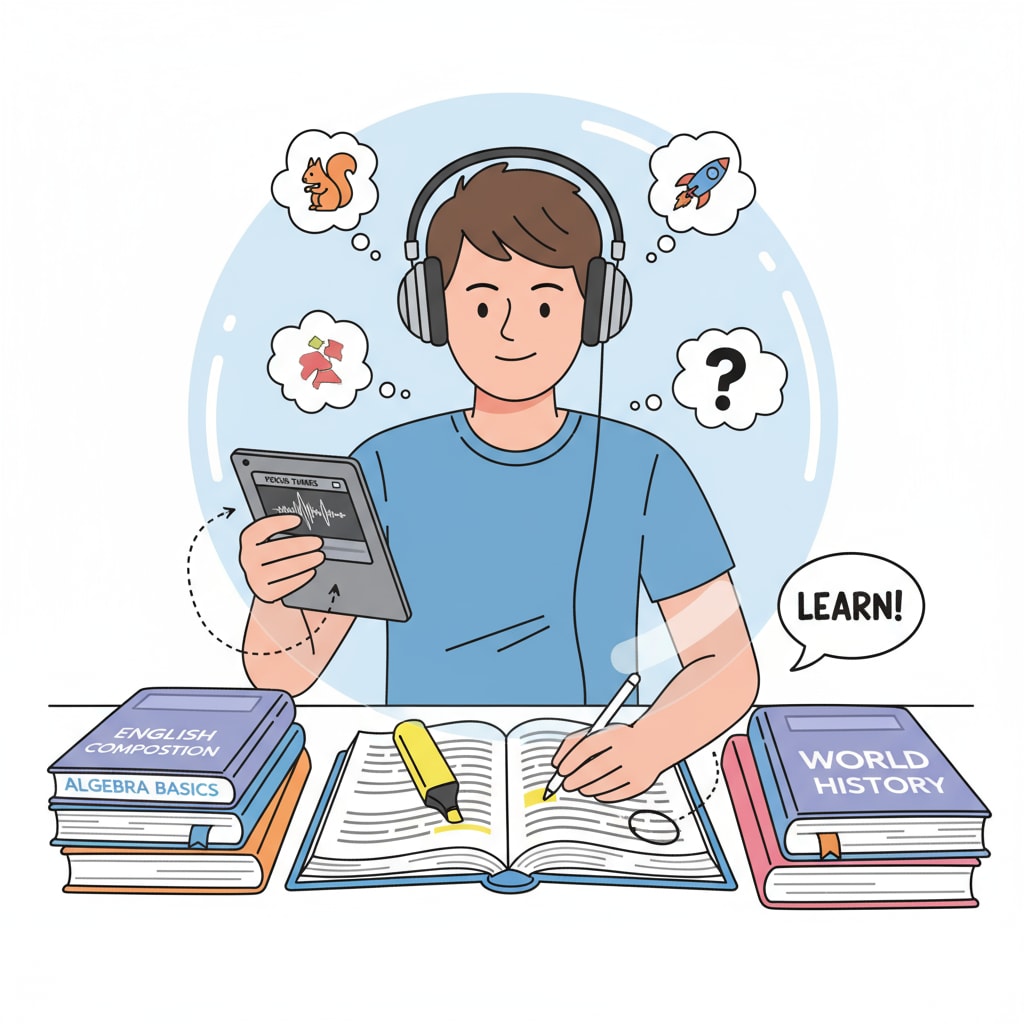 A person with ADHD is listening to a podcast while studying basic education textbooks, highlighting important points. Person with ADHD using a podcast for basic education study