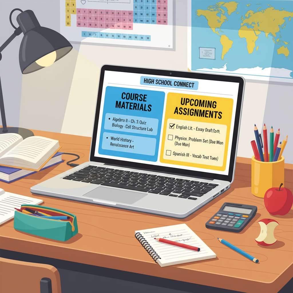 A student is sitting at a desk, using a laptop to access an online high school course. The screen shows various course materials and assignments. A student studying an online high school course related to credit requirements and diploma attainment