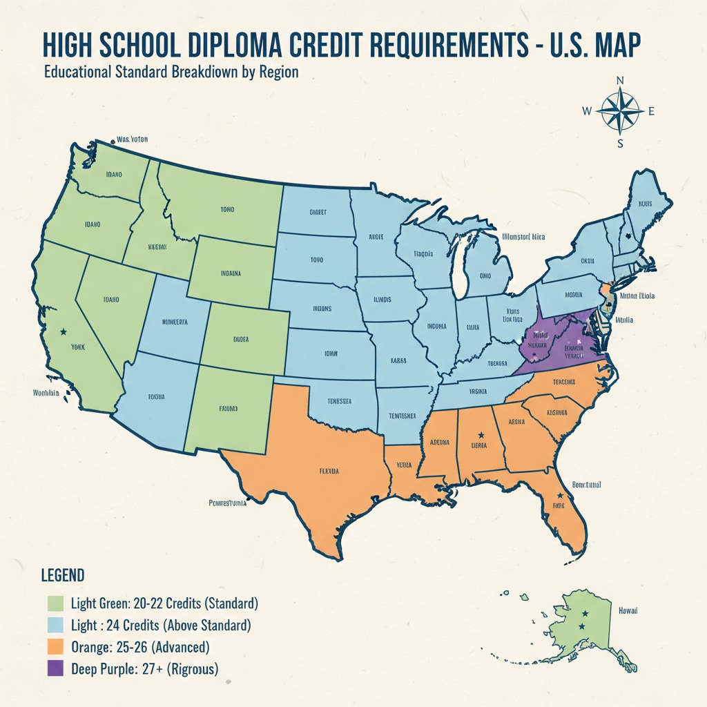 A colorful map of the United States with different regions shaded to represent varying credit requirement levels for high school diplomas. Map showing state-by-state credit requirements for high school diplomas in online and traditional settings