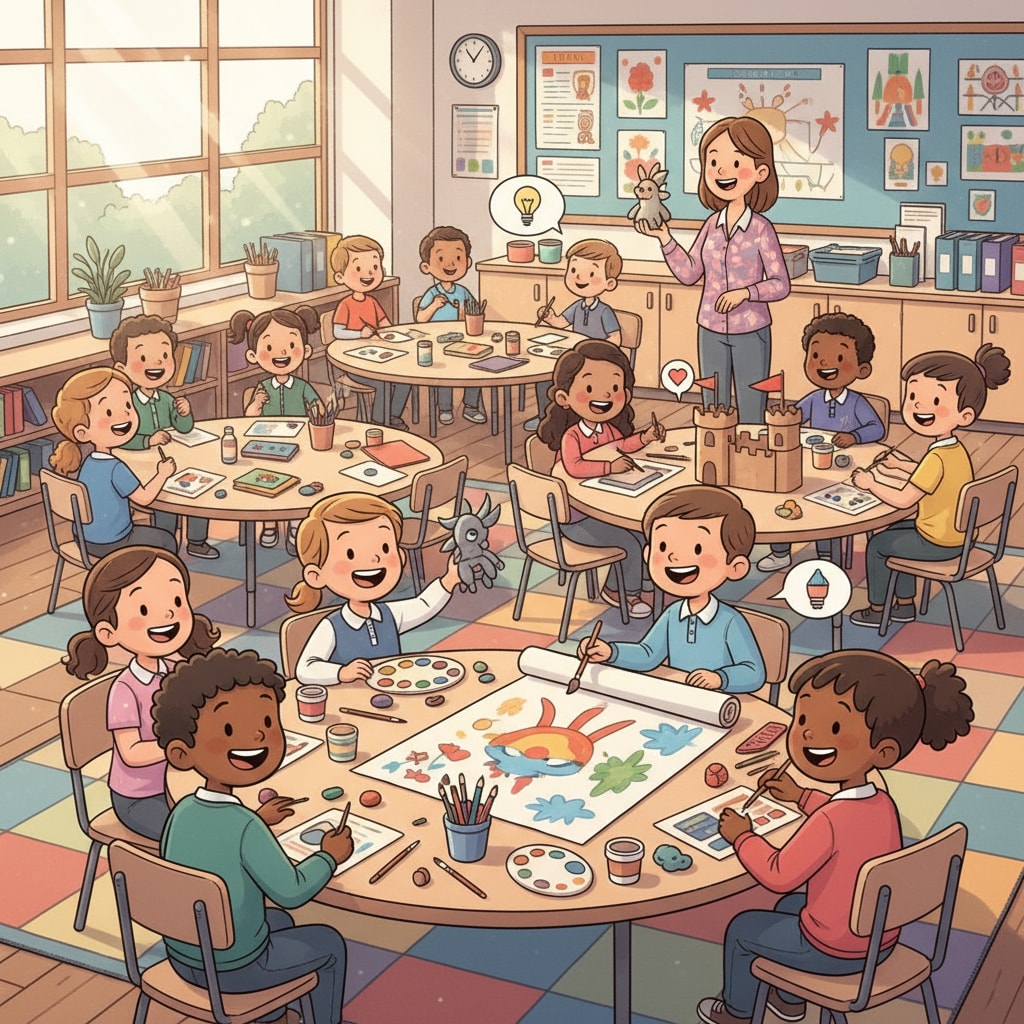 A group of K12 students are actively involved in a creative activity in the classroom, with smiles on their faces, showing high levels of engagement. K12 students actively participating in a creative classroom activity related to teacher interviews, creative courses, and student engagement