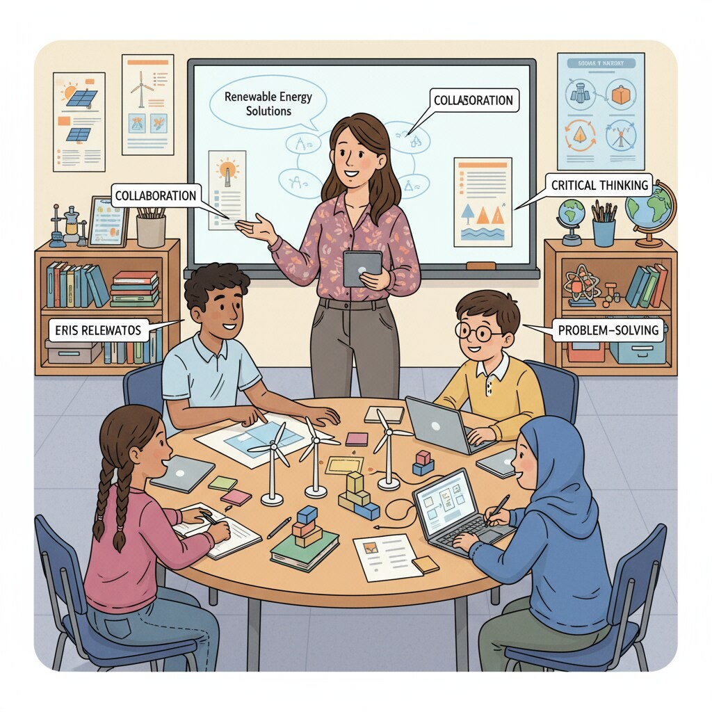 A teacher is leading a project-based learning activity in a K12 classroom. Students are working together, discussing ideas, and showing enthusiasm for learning. A teacher conducting a project-based learning activity in a K12 classroom relevant to teacher interviews, creative courses, and student engagement