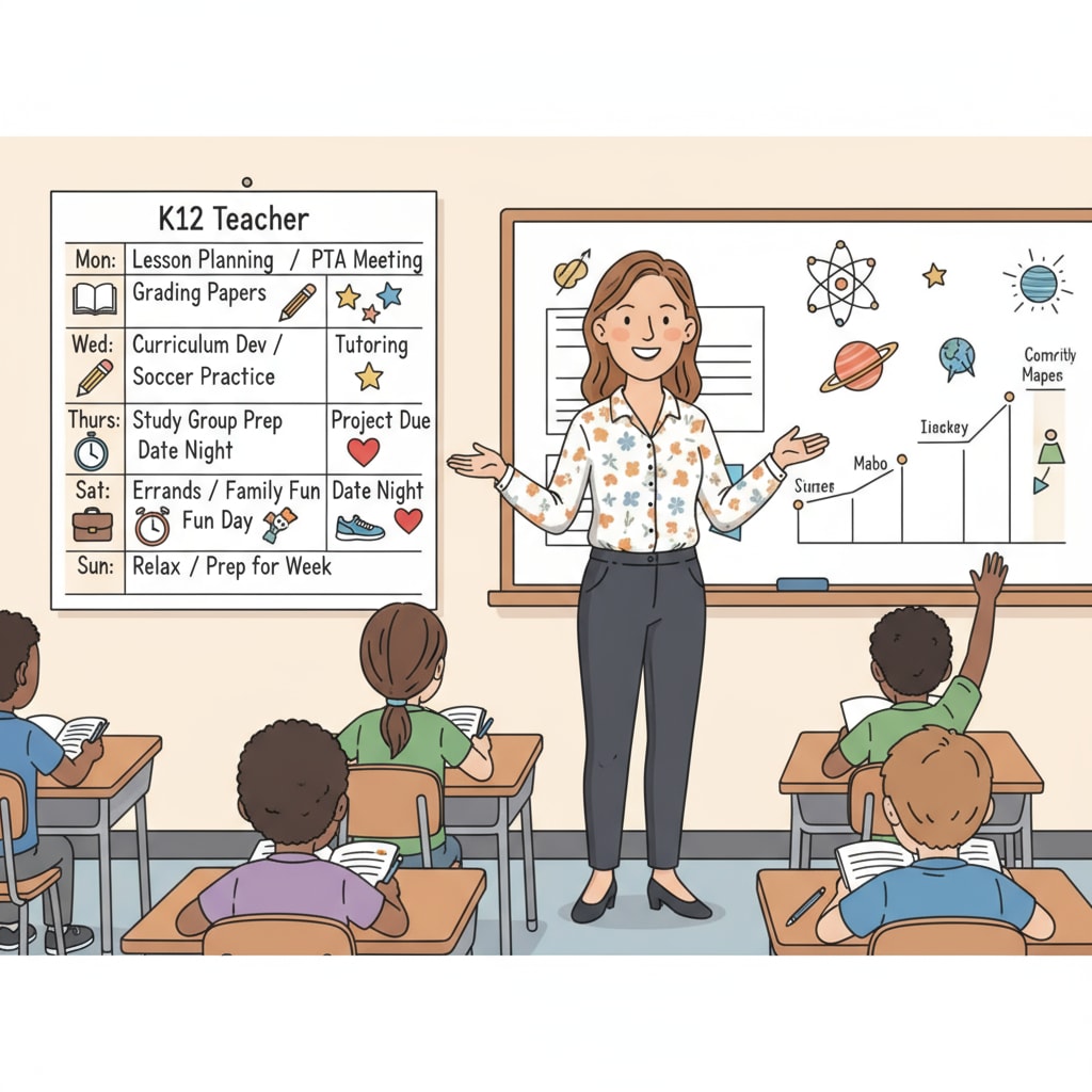 A K12 teacher is in front of a classroom. There is a calendar on the side with a busy schedule marked, showing various teaching tasks, study times, and family events. A K12 teacher managing time between work, study, and family as shown on a calendar