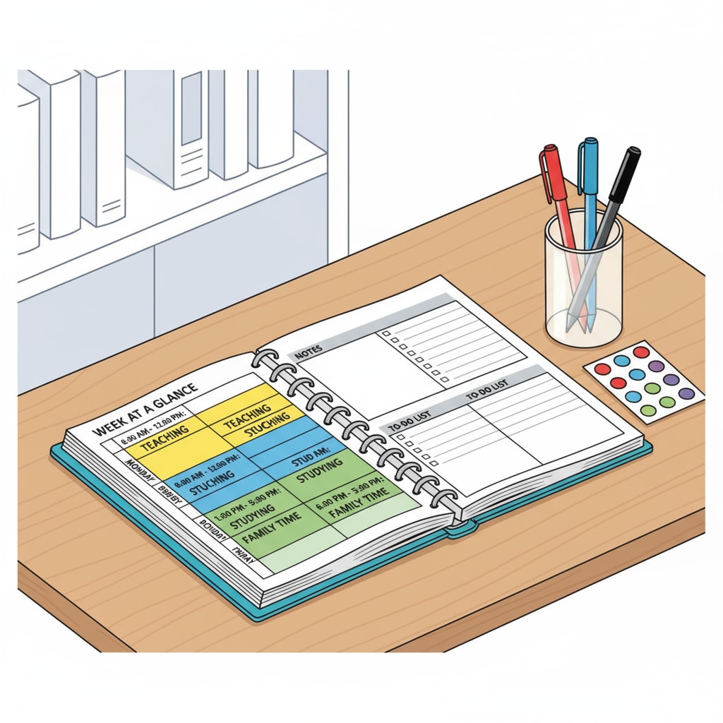 A teacher is sitting at a desk, using a planner to mark out time slots for teaching, studying, and family activities. There are different colored pens and stickers used to make the planner organized. A teacher practicing time partitioning using a planner
