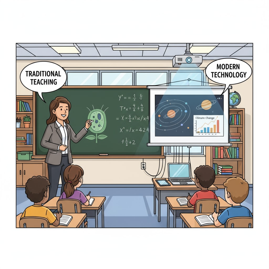 A classroom with traditional blackboard and modern digital projector as teaching tools