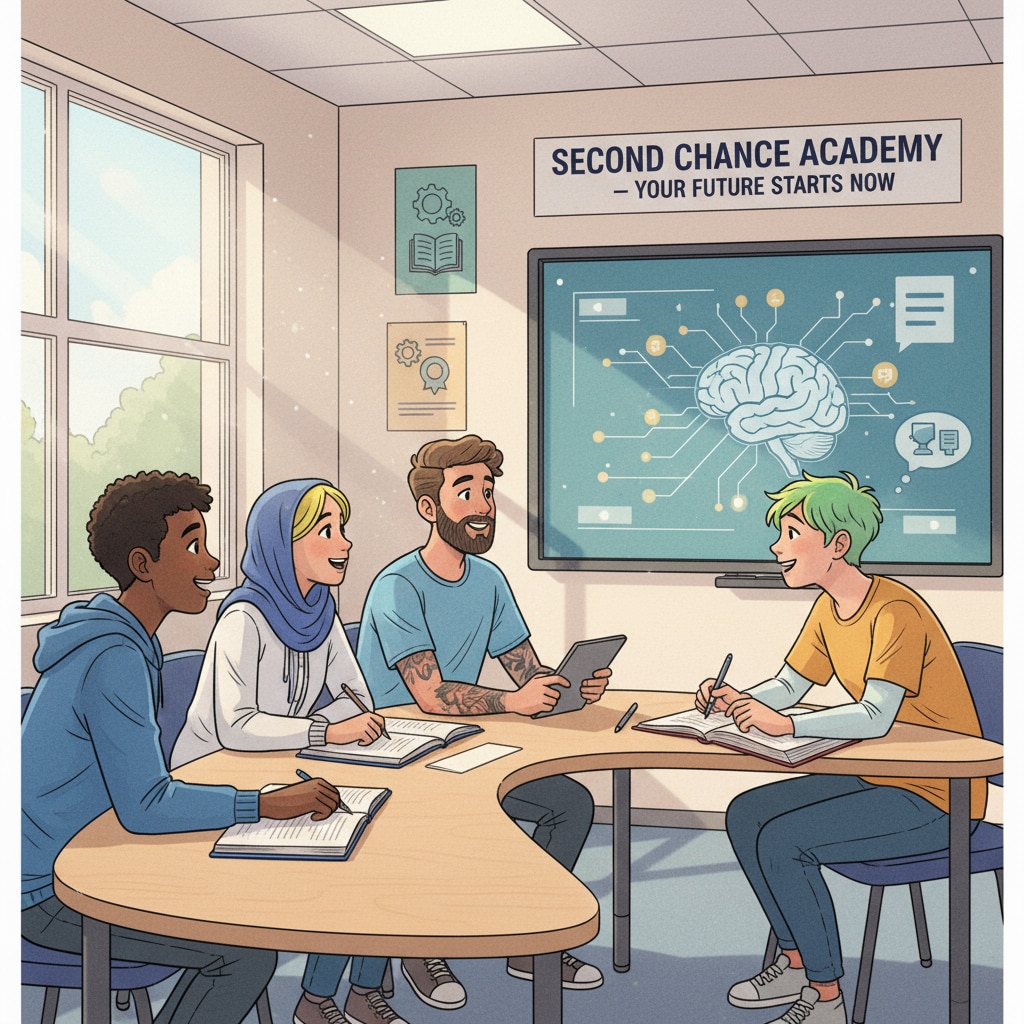 A group of teenagers sitting in a classroom, looking eager to learn, representing the enthusiasm of dropouts returning to education. Teenagers in a classroom showing interest in re-entering education related to dropouts, GED, and educational choices