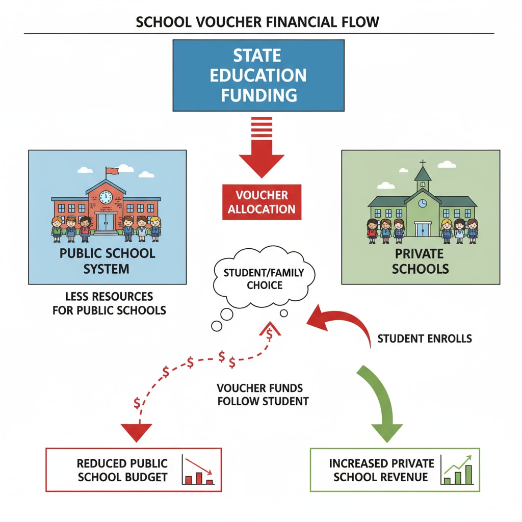 A graphic that visually represents how school vouchers might be distributed and how it could impact the financial resources of public schools. It shows arrows indicating the movement of funds from the public school system to private schools when students use vouchers. Graphic showing the impact of school vouchers on public school funding