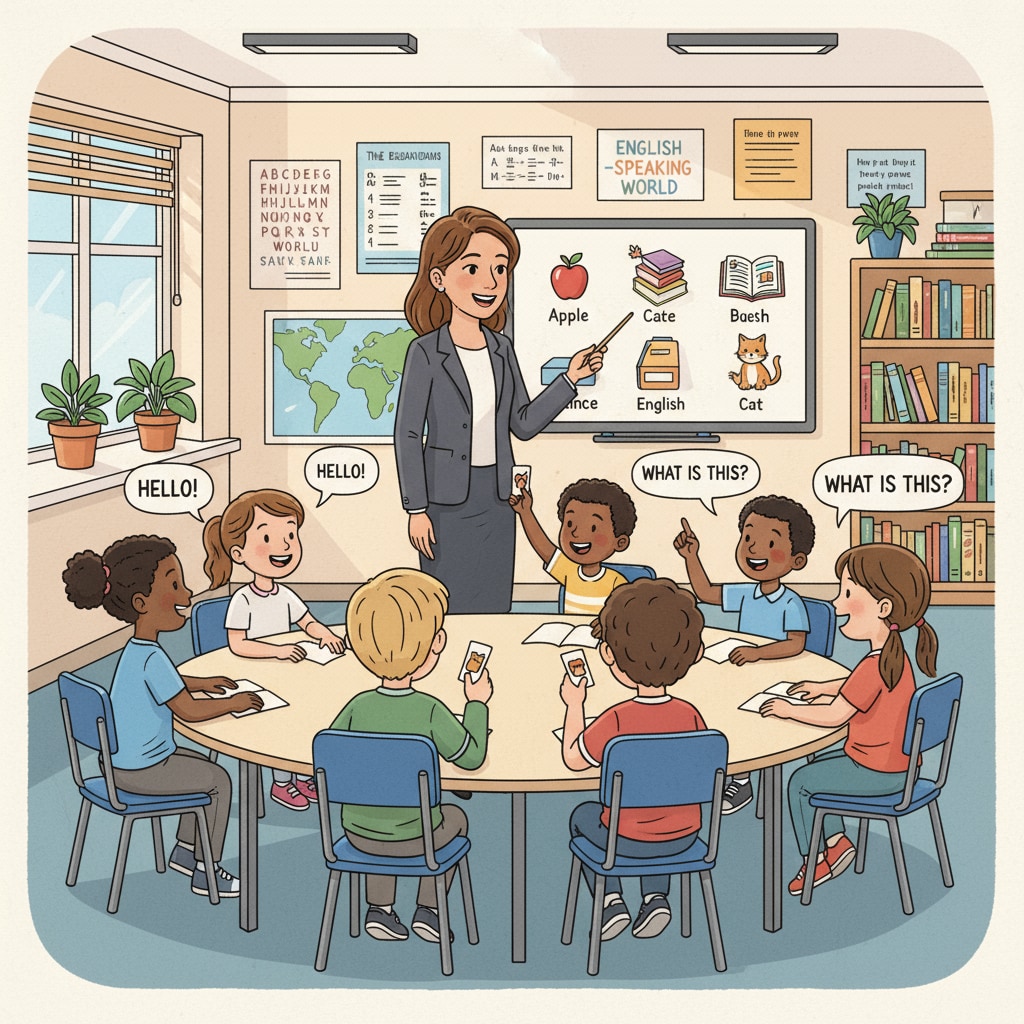 Young students engaged in an English language learning environment related to second language teaching for lower primary students.