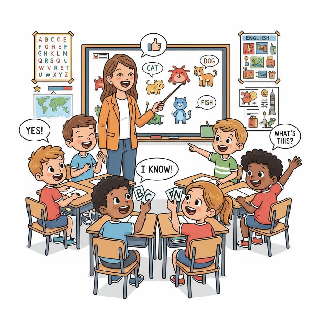 Children actively participating in an English learning activity relevant to second language teaching methods for lower primary students.