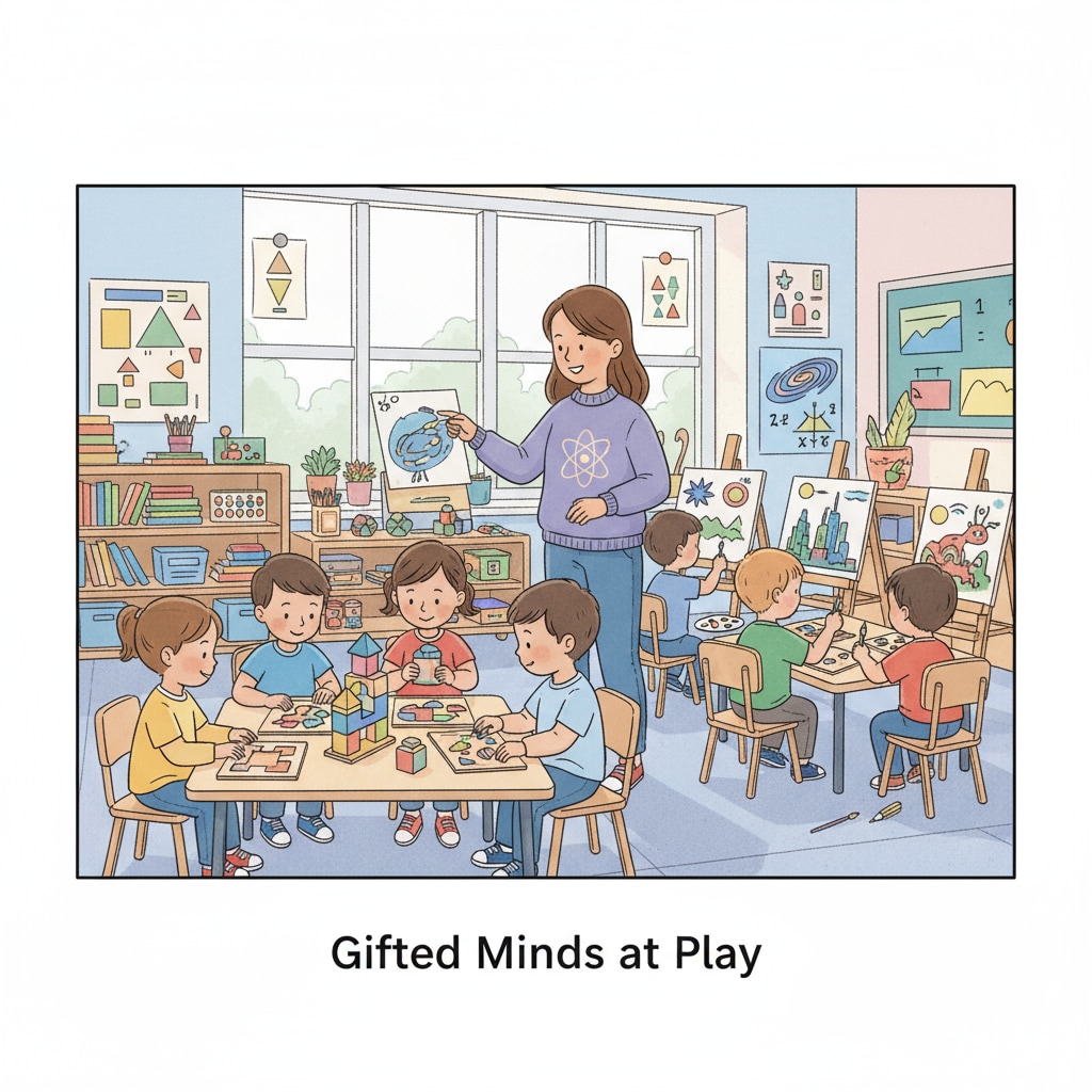 A classroom scene where kindergarten children are engaged in activities related to gifted programs. Some children are working on challenging puzzles, while others are involved in creative art projects. Kindergarten children participating in gifted programs activities