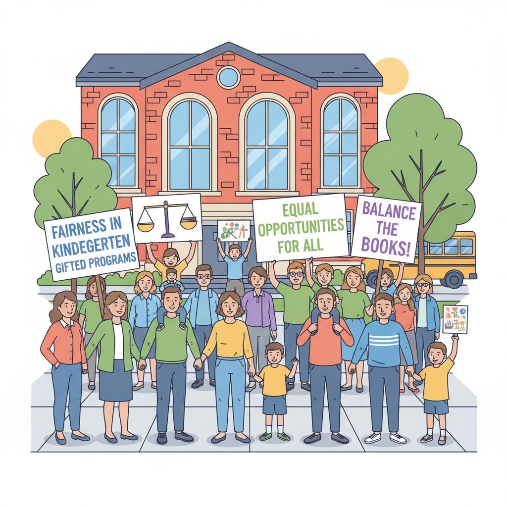 A protest scene outside a school. Parents are holding signs with slogans like Parents protesting for fairness in kindergarten gifted programs
