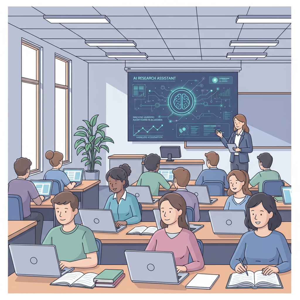 Students using laptops in a university classroom, with a screen showing an AI interface in the background, indicating the presence of AI in the academic environment A scene of students in a university classroom with AI technology in use, related to the issue of false AI cheating accusations and university liability