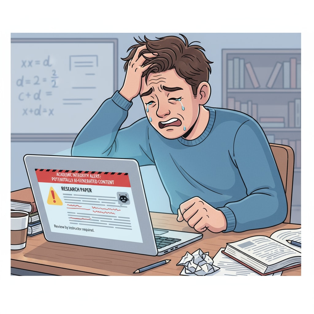 A distressed student sitting at a desk, looking at a laptop with an assignment marked as potentially AI - generated, representing the emotional toll of false accusations A distressed student facing a false AI cheating accusation, highlighting the consequences for students