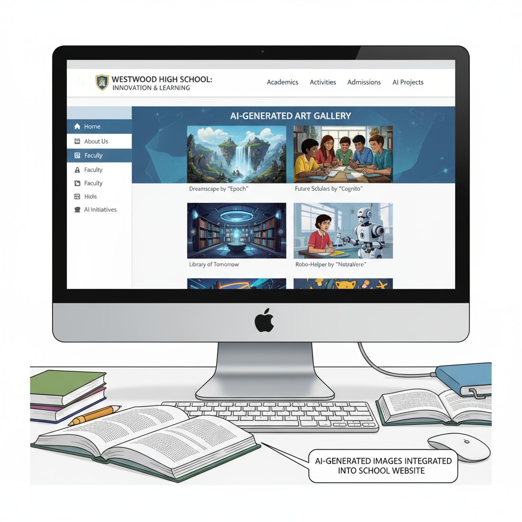An illustration showing a high school website with AI-generated images being displayed AI-generated images on a high school website in the context of education ethics