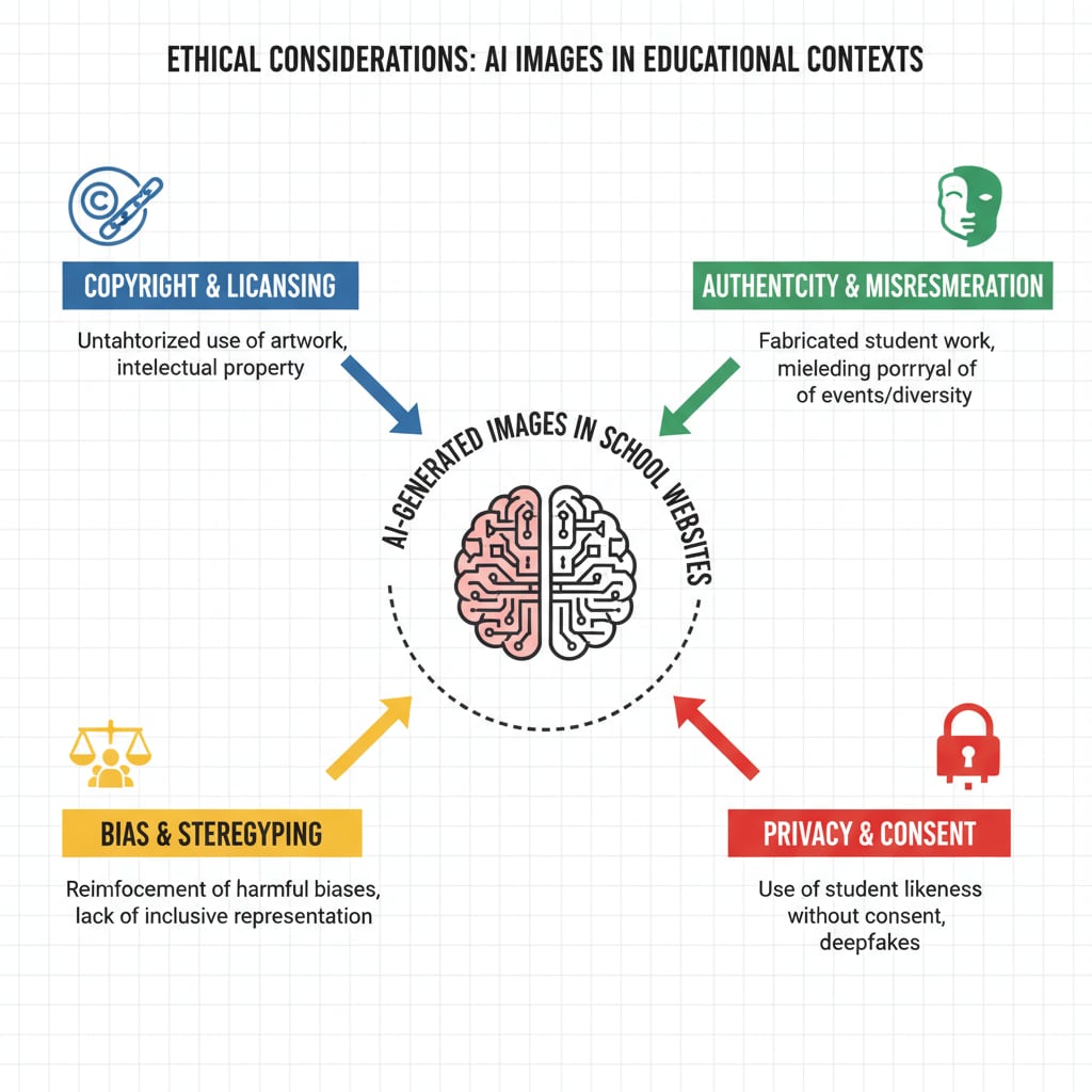A diagram highlighting the ethical issues related to AI-generated images in school websites Diagram of ethical issues of AI-generated images for school websites in education ethics