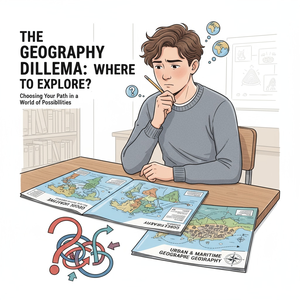 A young British student sitting at a desk, looking at college brochures with maps of different geographical regions, showing the struggle of choosing a geography major A British student struggling with the decision of choosing a geography major amidst lack of passion and considering university selection