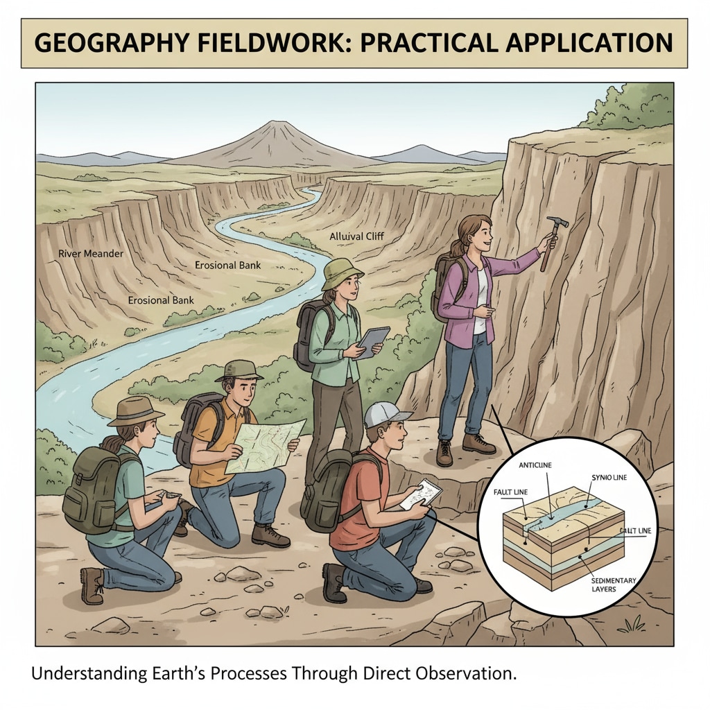 A group of students on a field trip, studying geographical features, showing the practical aspect of a geography major Students on a geography field trip, highlighting the practical side of the major in the context of university selection and lack of initial passion