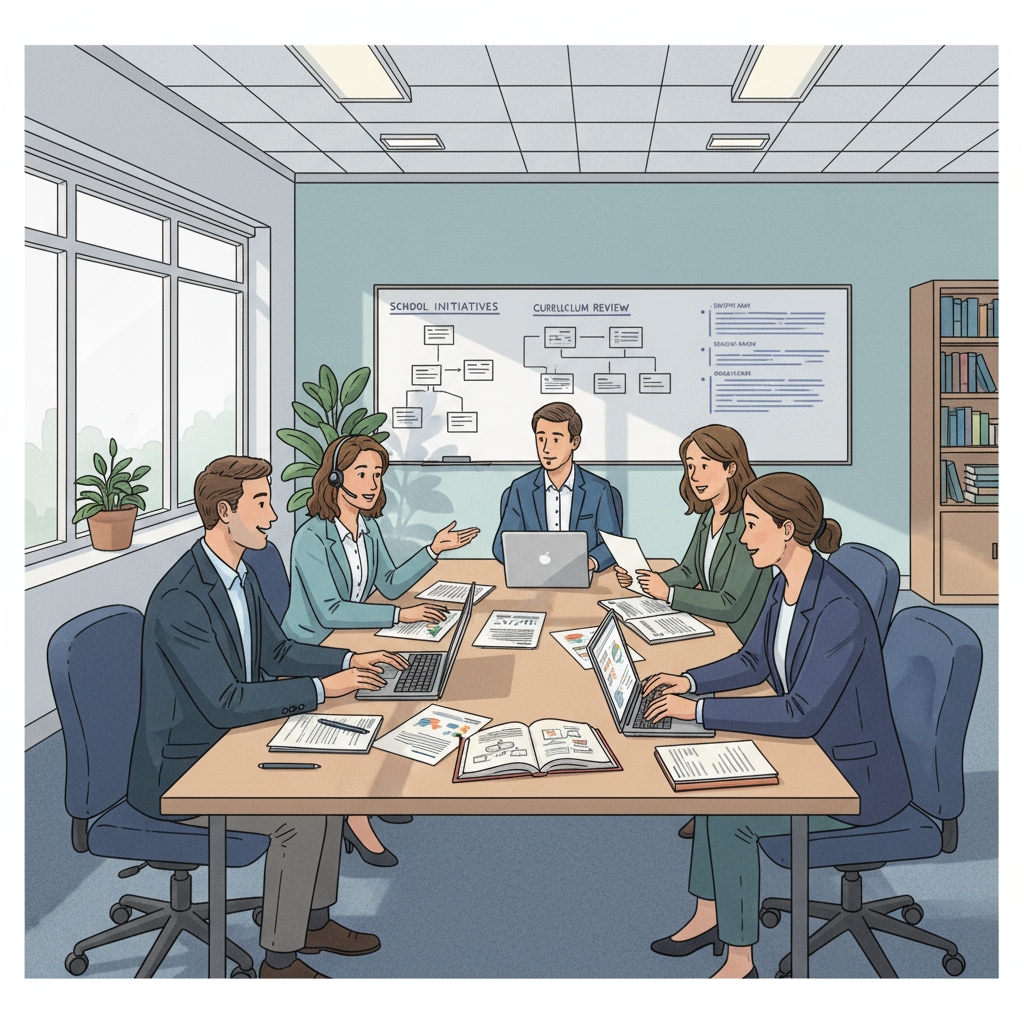 A group of educators and HR staff are engaged in a discussion in a school meeting room, with documents and laptops on the table, indicating a collaborative effort in handling school-related matters. A collaborative meeting of educators and HR staff involved in School District Employment and related Career Transitions