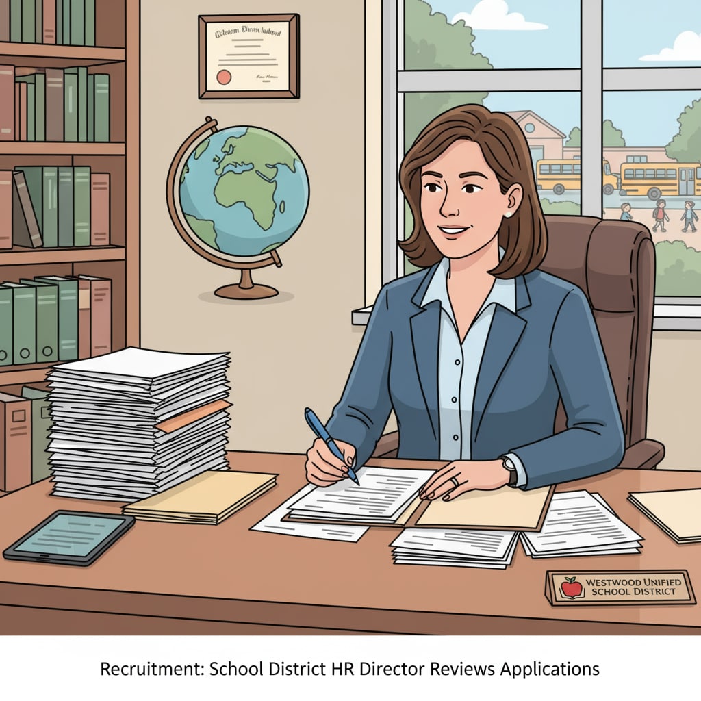 An HR director is sitting at a desk in an office, carefully reviewing resumes, with a pen in hand and a stack of papers beside, highlighting the recruitment aspect of the School District HR role. HR director in a school district office reviewing resumes as part of the recruitment process related to Career Transitions