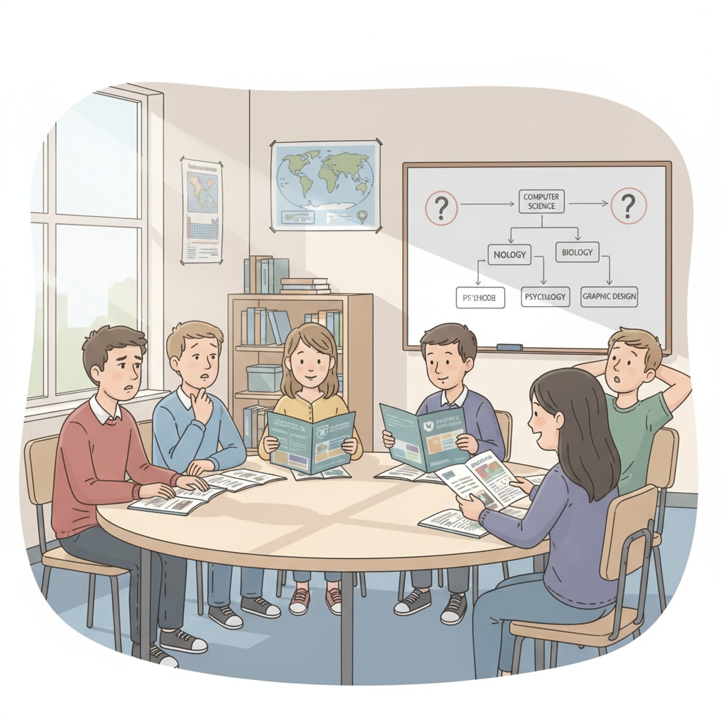 A group of high school students are engaged in a discussion about college majors in a classroom setting. Some are looking confused, while others are flipping through college brochures. High school students discussing college majors, showing signs of interest confusion and grappling with career direction decisions.