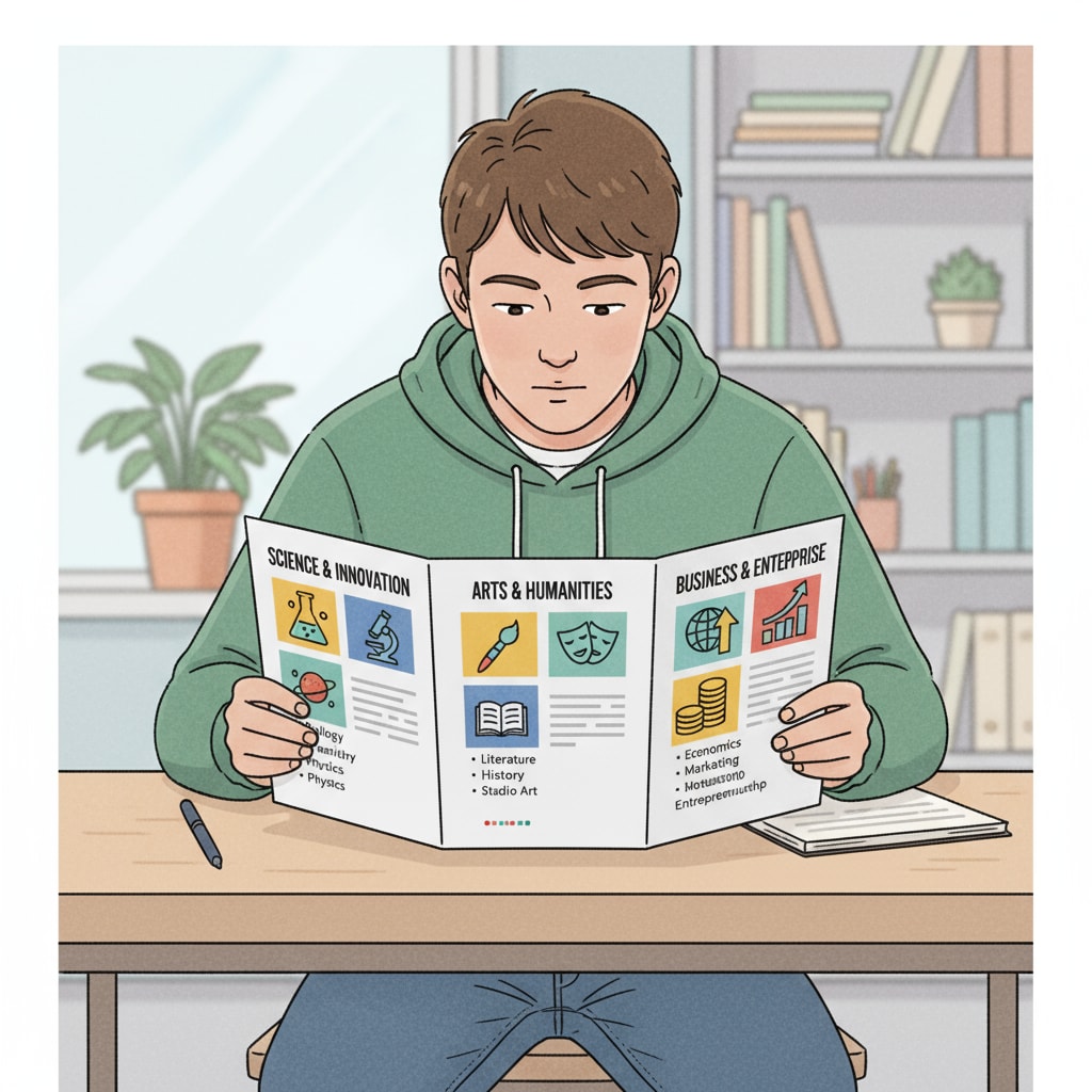 A student is sitting at a table, looking intently at a college major brochure. The brochure has pictures and information about various college majors such as science, arts, and business. A student exploring college majors, highlighting the process of trying to find the right fit amidst interest confusion and career direction considerations.