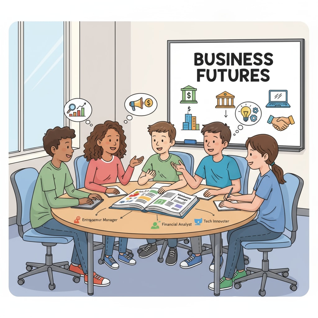 A group of high school students are sitting around a table, discussing different business career options with enthusiasm. High school students discussing business, higher education, and career planning
