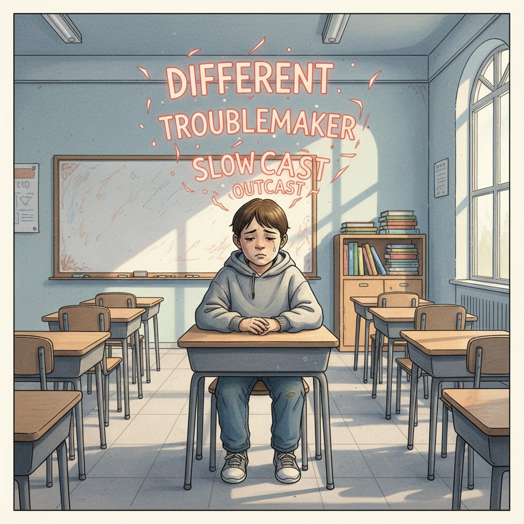 A student sitting alone in a classroom looking sad, showing the isolation caused by being labeled. A sad student in the classroom due to teacher bias and student labeling