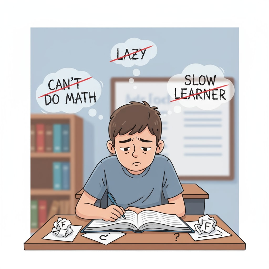 A student looking down at their desk with a disappointed expression, depicting the loss of confidence from negative labeling. A disappointed student affected by teacher bias and student labeling