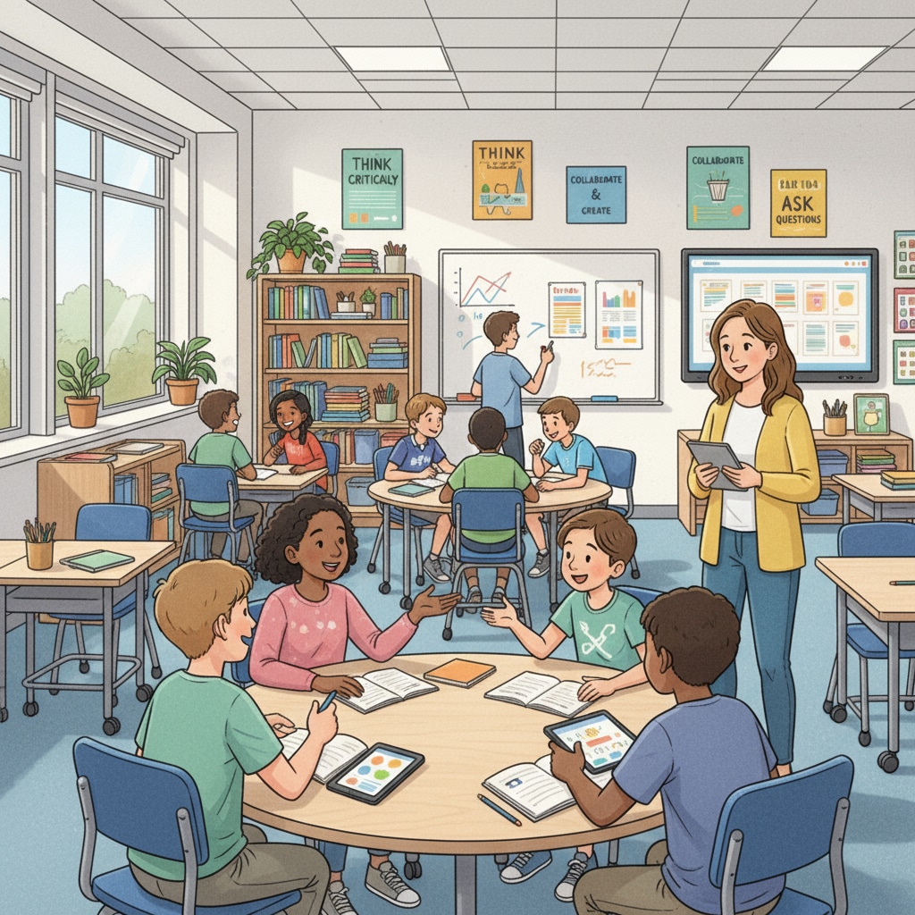 Students are actively involved in group discussions in a modern middle school classroom. The teacher is observing and guiding, which is a manifestation of the student-centered approach. A modern middle school classroom scene reflecting student-centered learning in post-pandemic and digital age