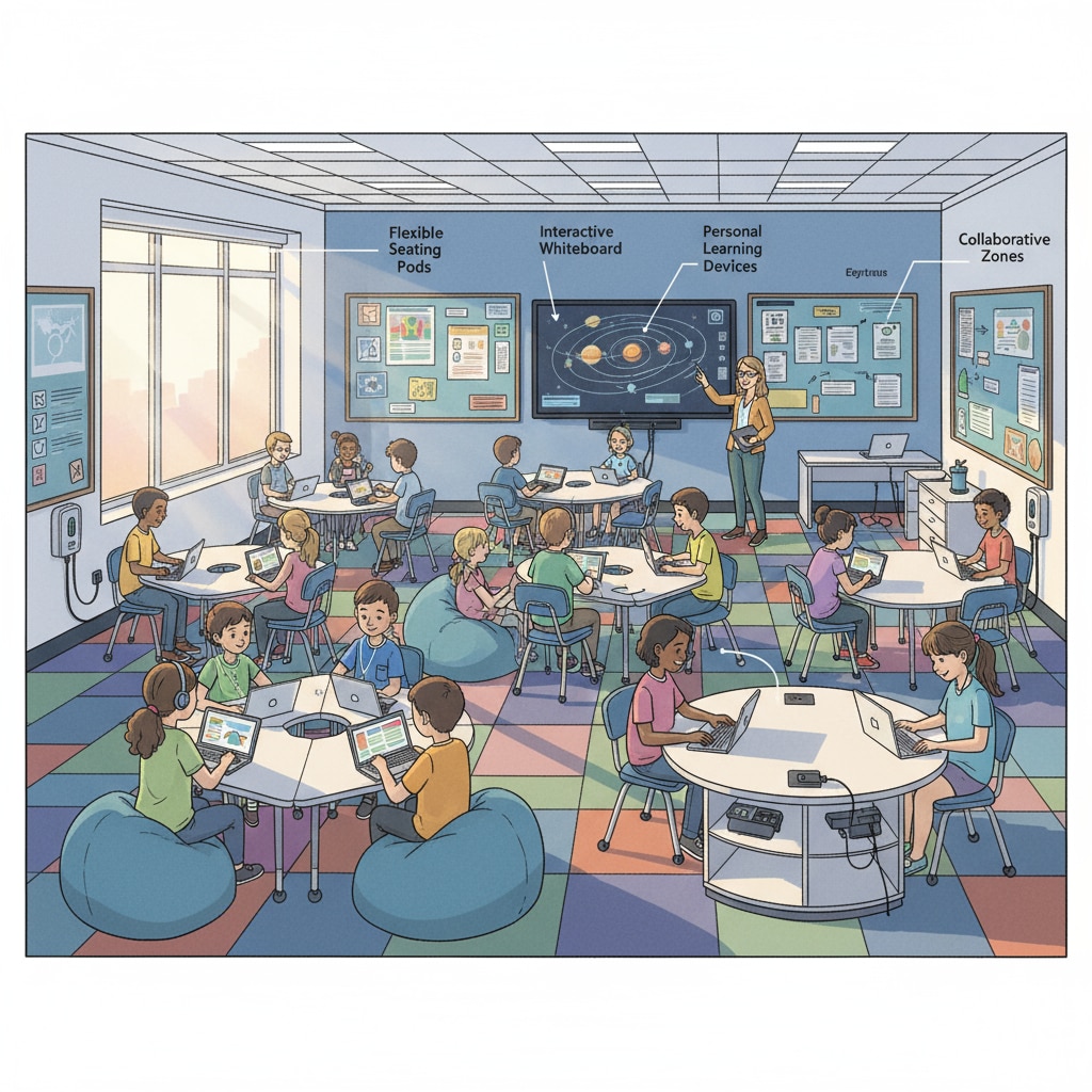 A modern middle school classroom is filled with digital devices like tablets and laptops. The seating arrangement is flexible, facilitating digital age learning. A modern middle school classroom equipped for digital age learning in post-pandemic times