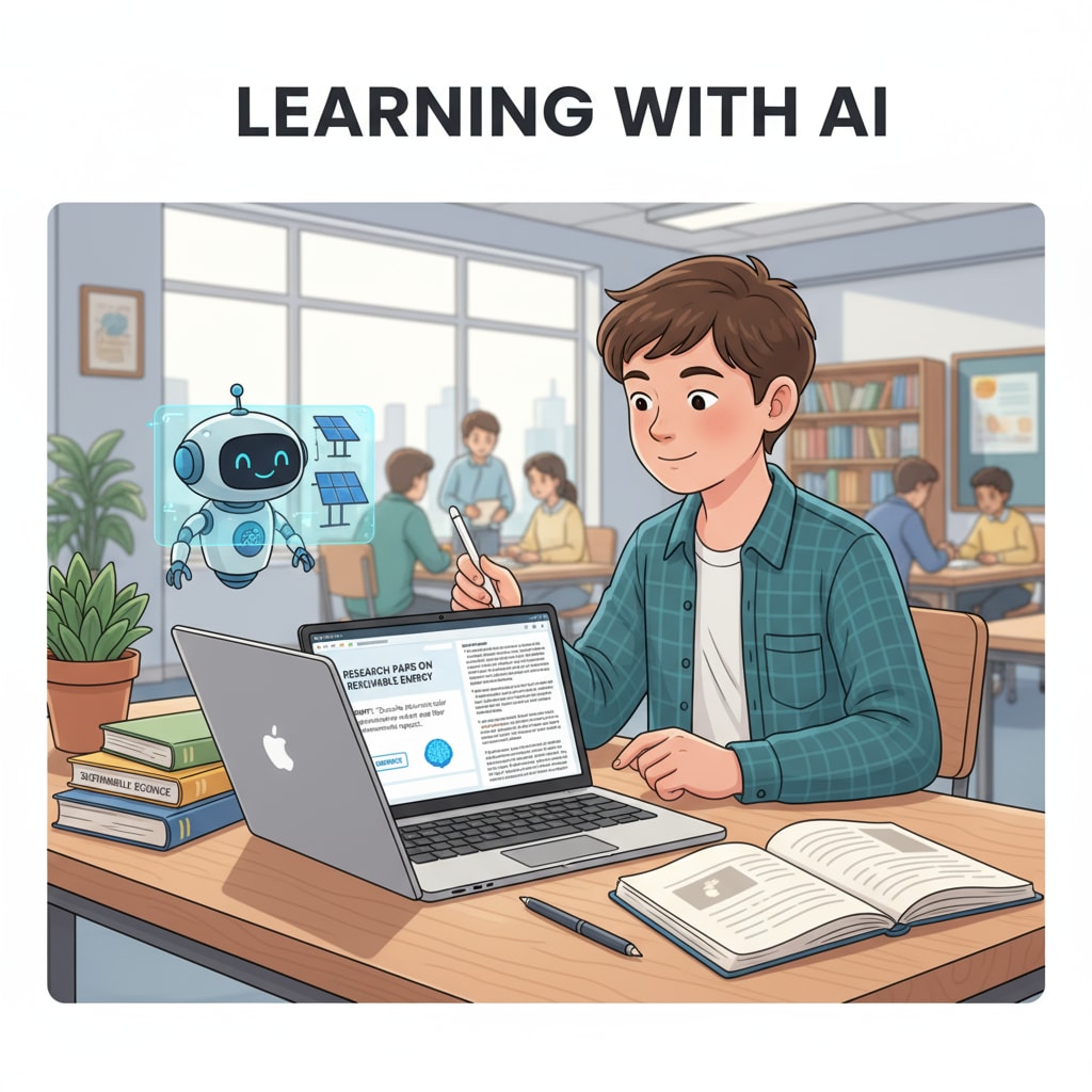 A student is sitting at a desk, using a laptop with an AI application open to complete an assignment. A student using an AI tool to complete an assignment in an educational setting