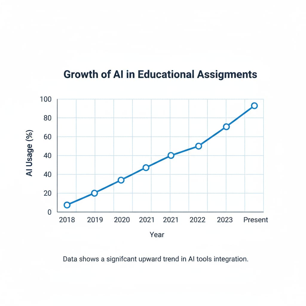 A line graph showing the upward trend of AI usage in educational assignments from the past few years to the present. Graph depicting the increasing use of AI in educational assignments over the years
