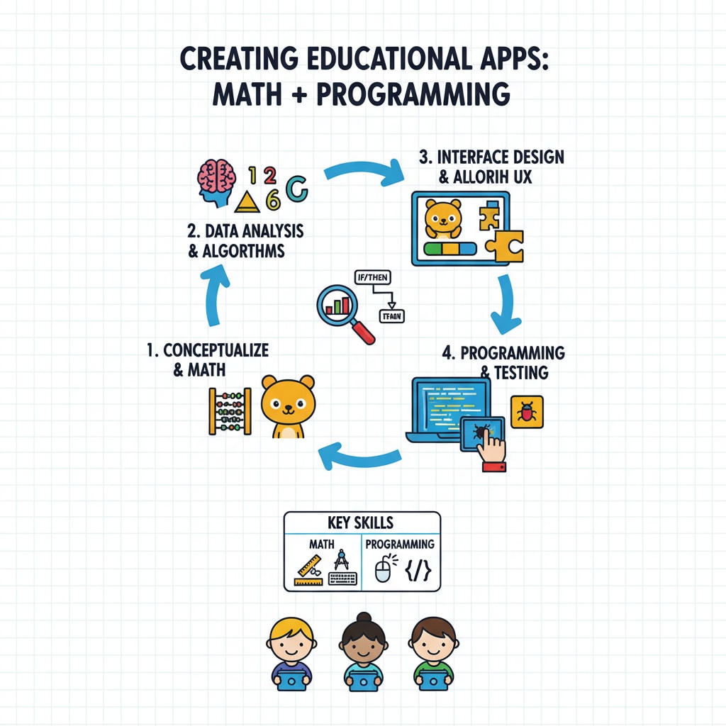 An illustration showing the process of using math and programming skills to create educational apps for young people, including steps like data analysis and interface design. Illustration of math and programming application in educational apps for young people in the context of European study major selection