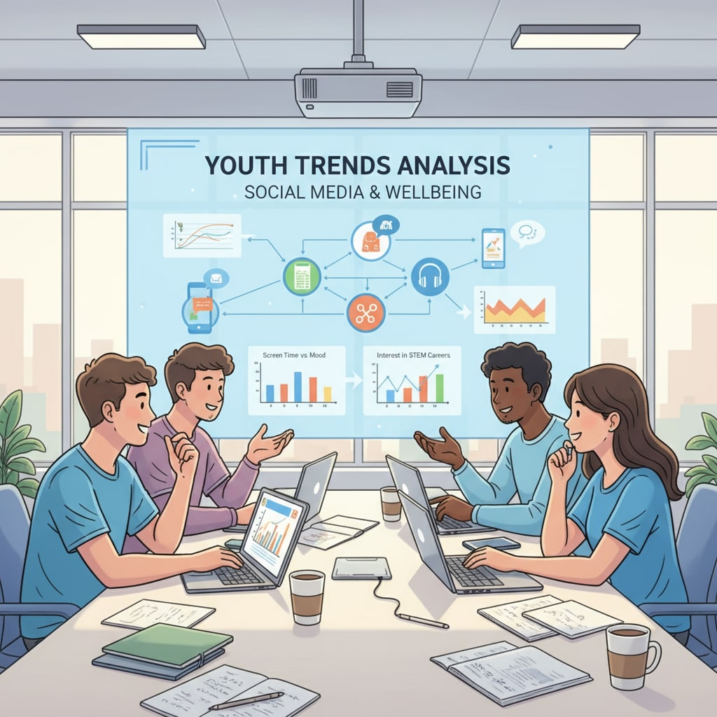 A photo of students working together on a data science project focused on youth trends, with laptops and data visualizations on display. Students collaborating on a data science project related to youth trends in European study for math and programming majors
