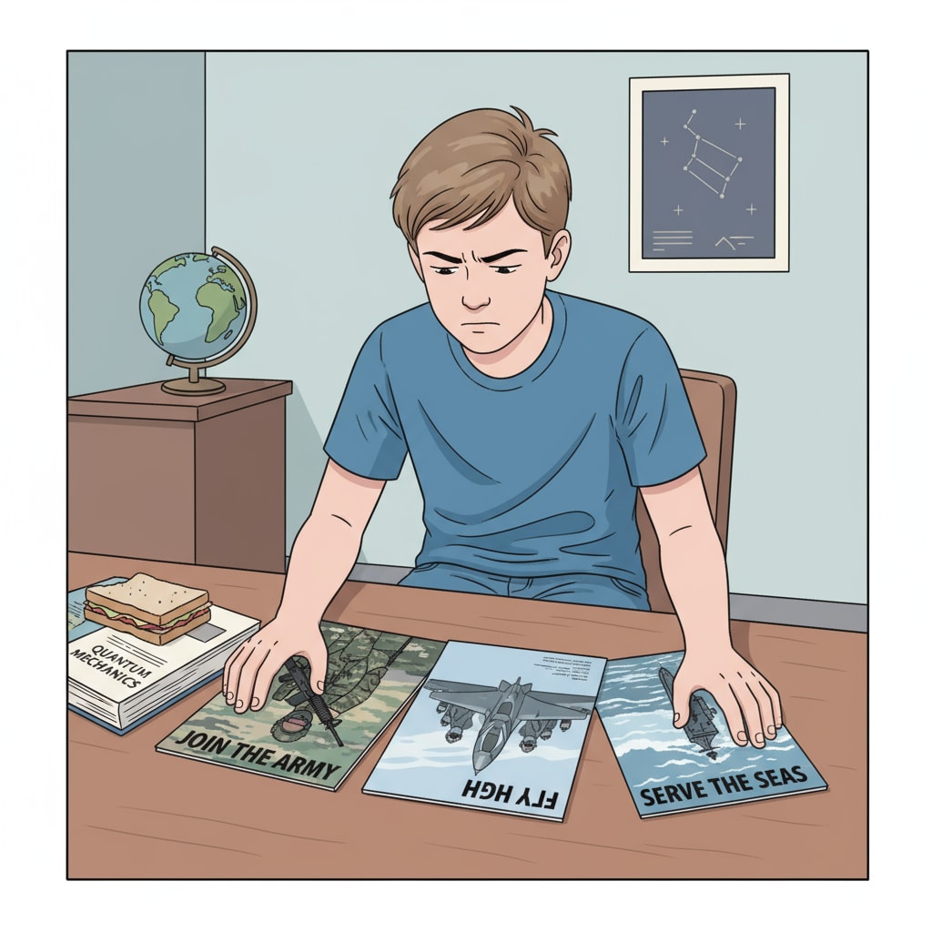 A boy is sitting at a table, looking at military brochures with a conflicted expression on his face, representing the inner struggle in career choices. A boy showing conflict in choosing between a military career and his own interests
