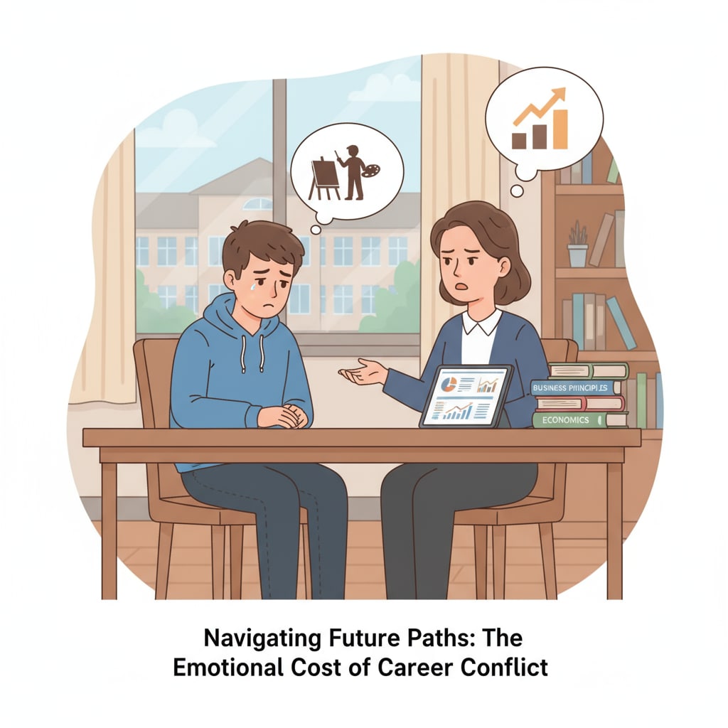 A young person is looking sad while having a conversation with a parent about career options, highlighting the emotional impact of the conflict. A young person experiencing distress due to career choice conflict with a parent