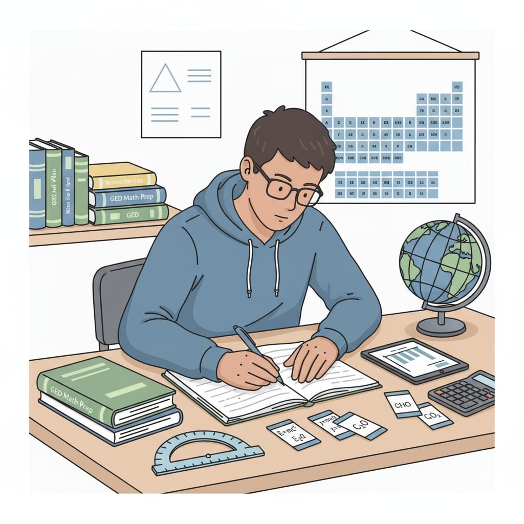 A student is sitting at a desk, surrounded by GED math and science study materials, looking focused. A student studying GED math and science resources at a desk