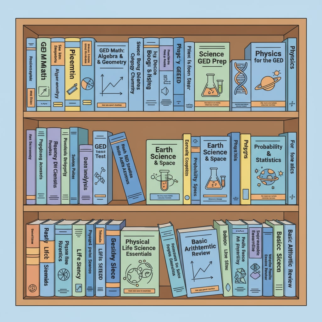 A bookshelf filled with various GED math and science study books, showing different titles related to the subjects. A bookshelf of GED math and science study books