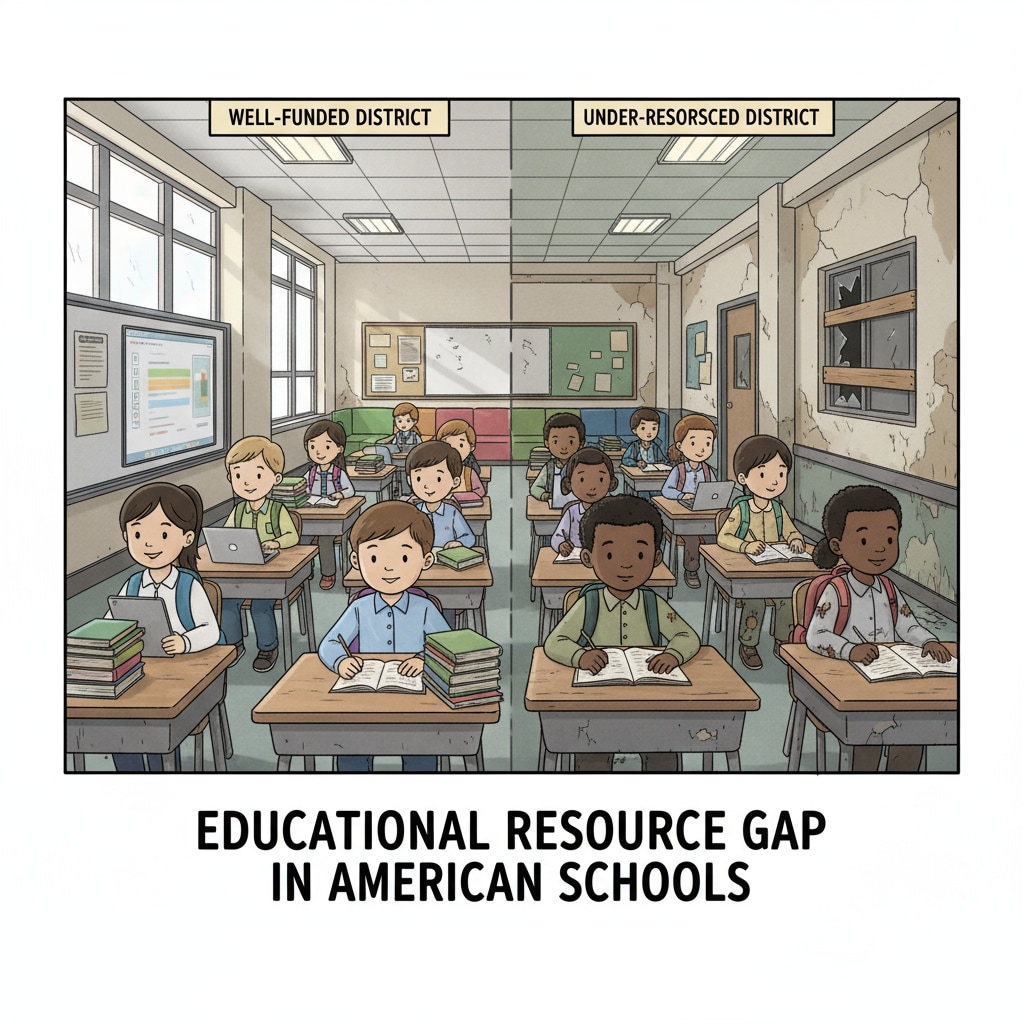 This image depicts students from different social classes in an American school. Some students are surrounded by modern educational resources, while others are in a more dilapidated setting, highlighting the resource gap. Students from different social classes in an American school highlighting resource disparities related to social class screening in the US education system